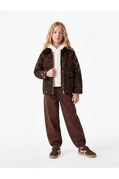 Koton Cotton Polo Collar Leopard Oversize Seasonal Jacket