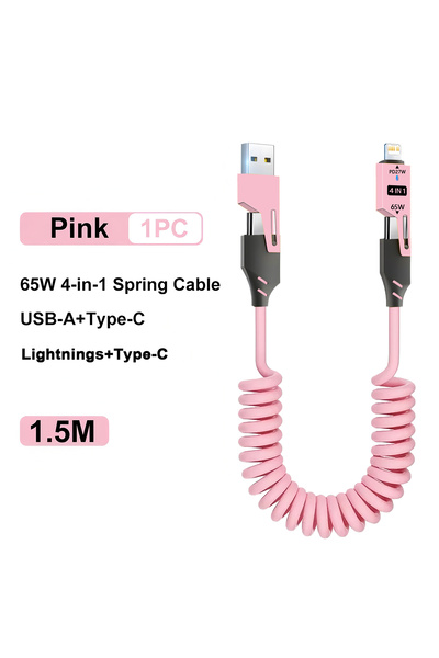 choice2 Pink 65W 4 in 1 Spring Short Data Cable 6A USB Type C Spring Telescop...