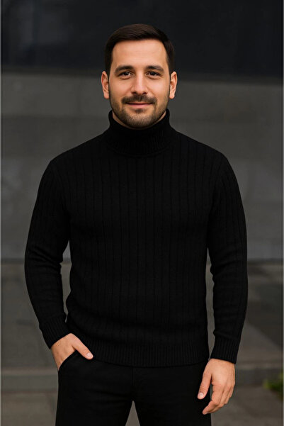 Simala Men's Turtleneck Knitted Sweater Cotton Thick Corded Fabric Weaving, R...