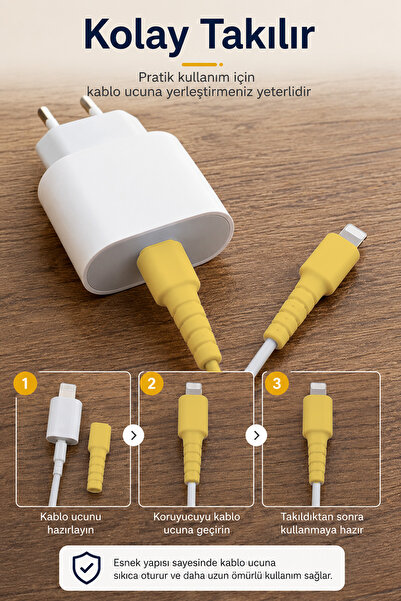 omilife Sarı iPhone 11 12 13 14 Pro ProMax Uyumlu Sarı Kablo Ucu Koruyucu Silikon Kılıf