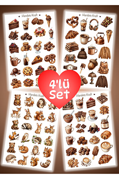 Handeto Kraft 4'lü Kahverengi Temalı Sticker Set, Çıkartma, Scrapbook, Bullet...