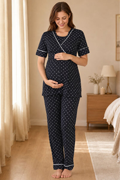 ByLohusa Polka Dot Maternity Pajama Set with Breastfeeding Feature Effortt - ...