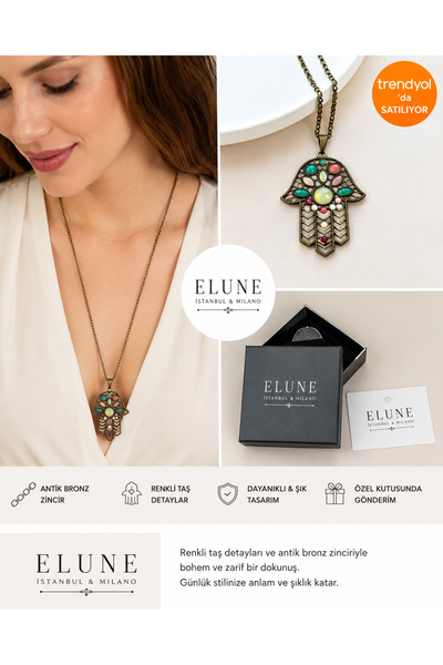ELUNE İSTANBUL Milano Fatma Ana Eli Renkli Taşlı Vintage Uzun Kadın Kolye Naz...