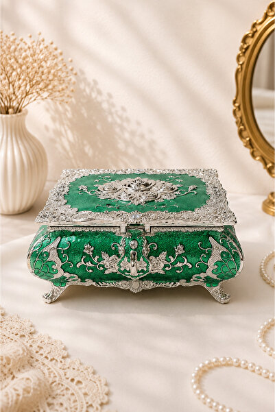 RASHA COLLECTION Rose Patterned Silver Plated Mirrored Decorative Jewelry Box
