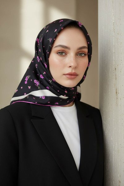 Vissona 100% Twill İpek Bordürlü Çıtır Çiçek Desenli Siyah - Fuşya Renkli 90x...