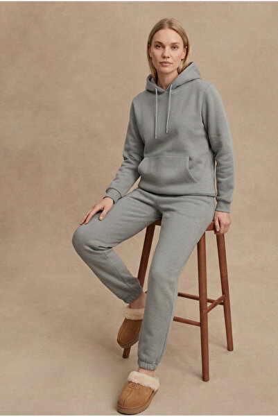 ELAFRO Women's Gray 3 Thread Hooded Fleece Inside 2-Piece Tracksuit Set