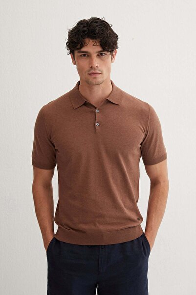 Silk and Cashmere Camel Kevin Kısa Kollu Polo Yaka Triko