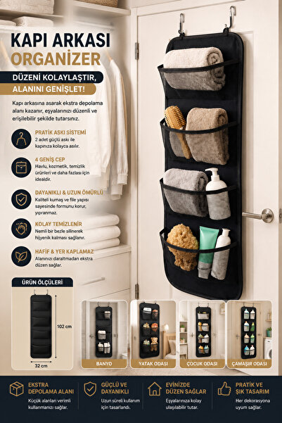 MultiTrendy Black Behind-The-Door Organizer Bag with 4 Pockets, Hangable Clos...