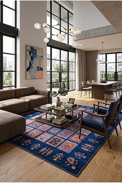 Home Binbirgece Pamuk Taban Yıkanabilir Dijital Baskılı Halı Lacivert