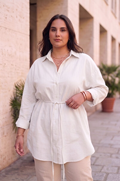 CHUL Plus Size Women's Slim Gabardine Linen Oversized Shirt with Belt - White