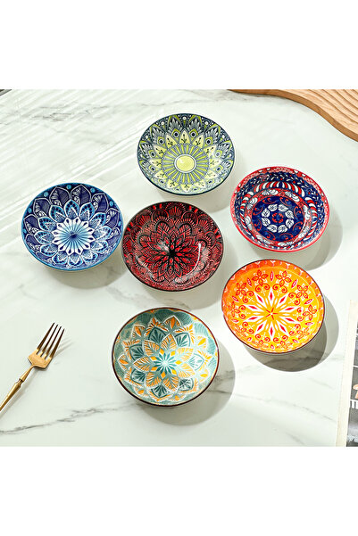 Choice six dishes 6-Piece Bohemian Hand-Painted Underglaze Ceramic Plates - S...