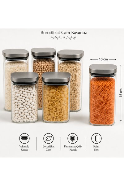 Lizzy 1100 ML Kare Çelik Kapaklı Cam Kavanoz 6'lı - 8471-1