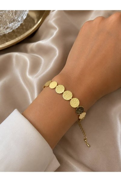 AURA ATELİER MODA Round Sequin Plate Serrated Textured Adjustable Rope Tie Bracelet Women's Color Options Do Not Tarnish