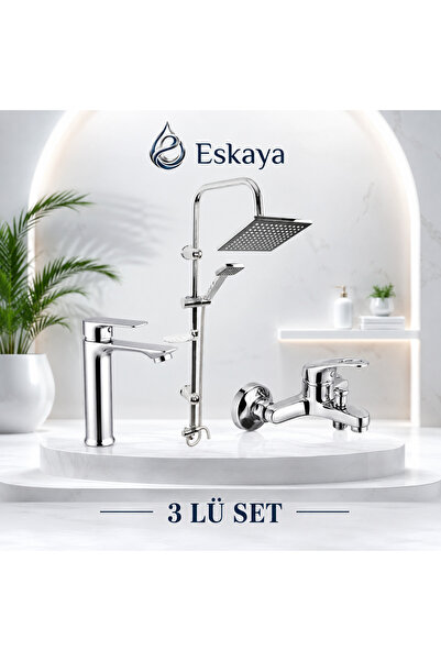 ESHOME 3 lü Banyo Seti Krom Robot Duş Seti Banyo Bataryası ve Sabit Lavabo Ba...