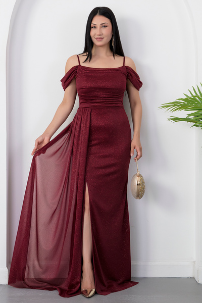 PULLIMM Rochie de seară lungă din tul cu sclipici cu mâneci căzute 39433