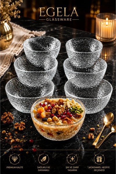 çukurova home 6 ' lı Modern Cam Aşure - Komposto ve Çorba Kasesi( 220 ml )