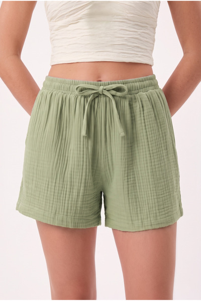 Ritnice Women's Jamie 100% Cotton Muslin Waist Elastic Khaki Shorts
