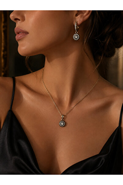 FAYRA ACCESSORIES Zircon Stone Round Minimal Necklace and Dangle Earring Set