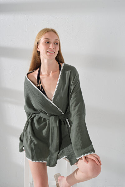 Mys Collection Kadın %100 Pamuk Müslin Oversize Yeşil Kimono Beyaz Dikiş Deta...