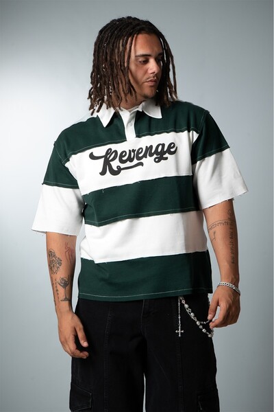 Super Rare Tricou bărbătesc oversize Revenge cu guler polo, verde și alb, US4...