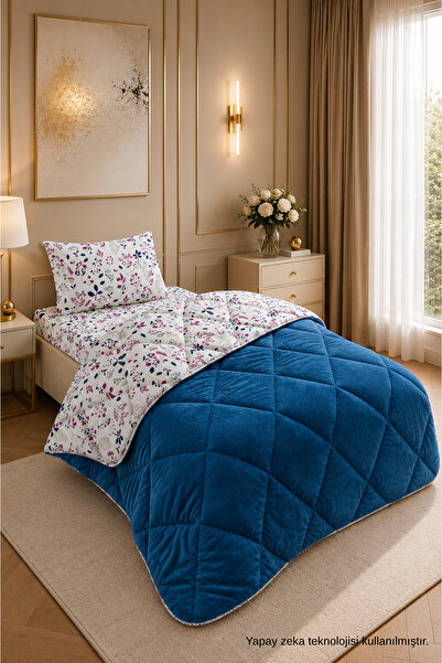 ÇARŞAF DÜNYASI Colorful Patterned Single Duvet with Plush Double-Sided Pillow...