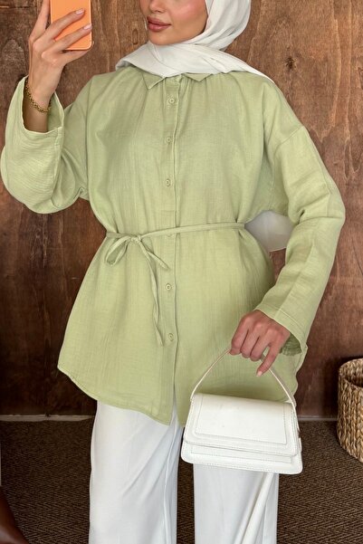 HYWONA Women's 100% Cotton Muslin Oversize Hijab Shirt Tunic Green