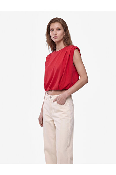 Koton Cotton Crew Neck T-Shirt with Pleated Detail and Sleeveless Padding