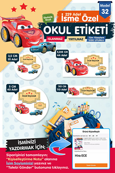 t tuğset etiket Okul Etiketi Şimşek Mcqueen Kalem Defter Etiketi Özel İsim Ya...