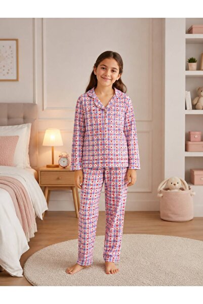 Pajama Shop Devojčička pidžama od 100% pamuka, ružičasta, sa kariranim uzorko...