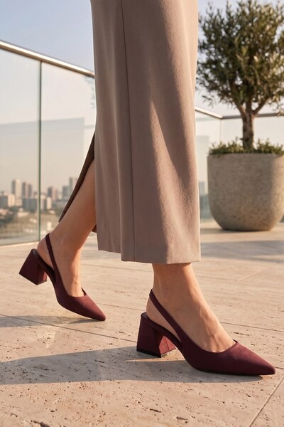 Modezya Amelia Burgundy Satin Women's Thick Heeled Shoes with Elastic Back