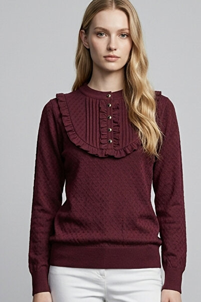 Şiir  Kadın Hakim Collar Ruffle Detail Ribbed Buttoned Knitted Jacquard Combe...