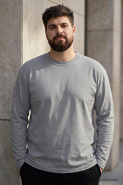 TOMMY LIFE Gray O-Neck Comfortable Fit Oversized Plus Size Long Sleeve Men's ...
