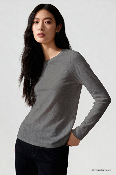 TOMMY LIFE Gray Melange O Neck Standard Fit Long Sleeve Basic Women's T-Shirt...
