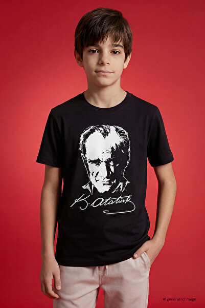 TOMMY LIFE Black Atatürk Printed Unisex Kids T-Shirt - 11332