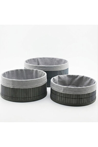 Go İthalat Round 3 size gray organizer basket with bamboo edge, wooden base a...