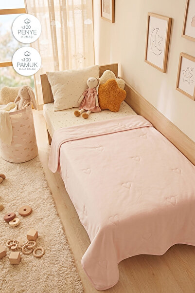 Ocean Home Textile %100 Pamuk Penye Pembe Kalp Nakışlı Bebek Yorgan Çok Amaçlı Örtü 90x120