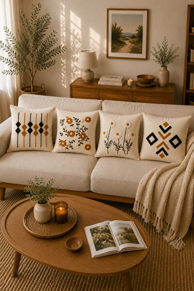 SEVMİŞ HOME 4’lü Punch Kırlent Kılıfı Seti 43x43 cm – Keten Kumaş Dekoratif K...