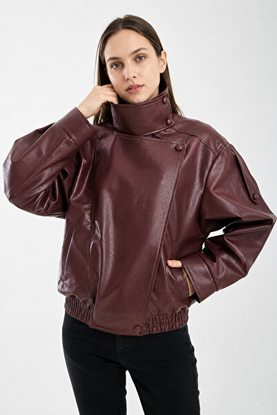 İLKCET MODA High Collar Burgundy Women's Oversize Jacket with Shoulder Detail