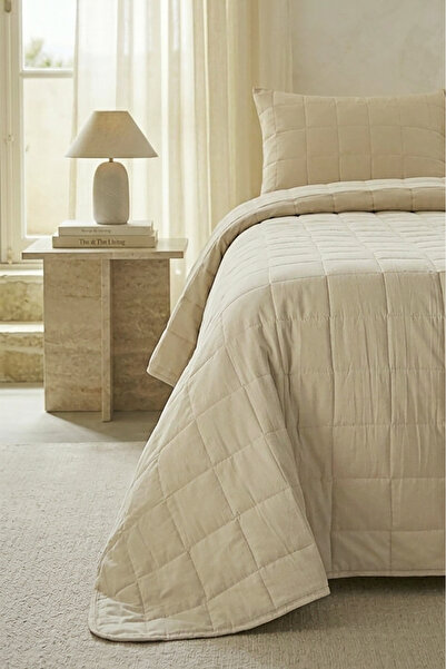 Ocean Home Textile %100 Pamuk Kumaş Kapitoneli Bej Çok Amaçlı Tek Kişilik Yatak Örtüsü Seti 180X230/50X70