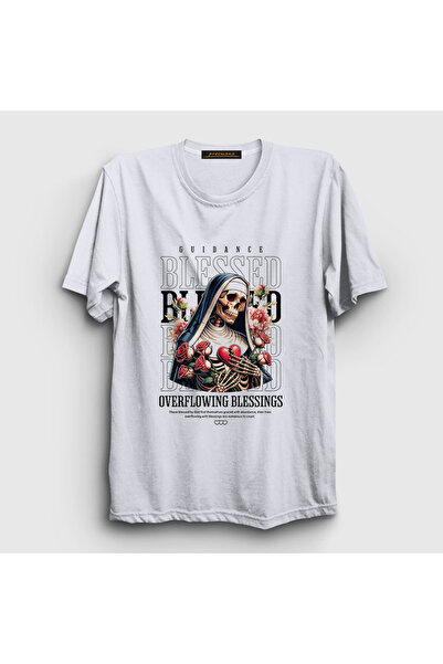Presmono Unisex White Blessed by God Skull Nun T-Shirt 446171Tt