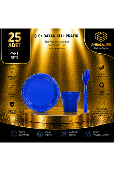 Ambalaj Evi Plate Set Plastic Party Plate Set Navy Blue 75 Pieces