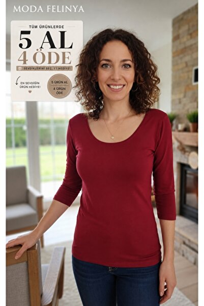 moda felinya Women's Burgundy Color Ballerina Neck Three Quarter Sleeve (unde...