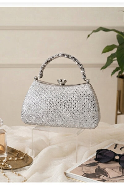 Famels Pearl and Stone Patterned Zircon Stone Evening Dress Bag, Handbag, Pea...