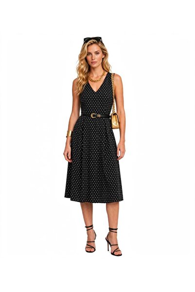 Freeista Women's Black Polka Dot Sleeveless Belted Midi Dress - Summer V-Neck...