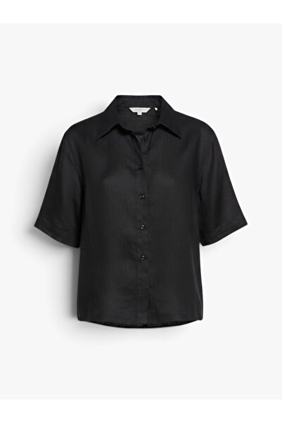 Sisley %100 Keten Kısa Kollu Gömlek Kadın Siyah Gömlek - 325P5BMLLQ08U