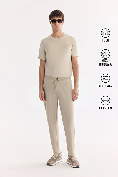 Avva Men's Beige Elastic Waistband Side Zipper Pocket Technical Fabric Jogger...