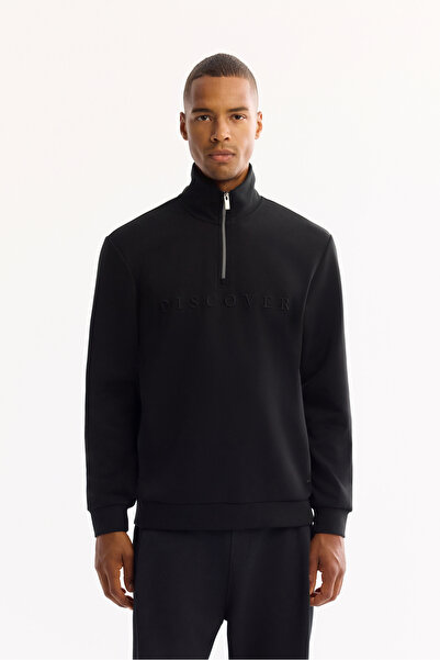 Avva Men's Black Stand Collar Zippered Soft Touch Printed Regular Fit Sweatsh...
