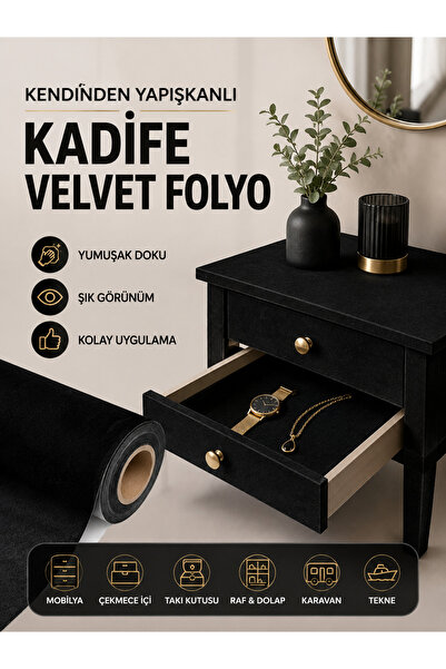 ESEMİZ Kendinden Yapışkanlı(19,5cm X 1 Metre) Siyah Süet Kadife Velvet Folyo
