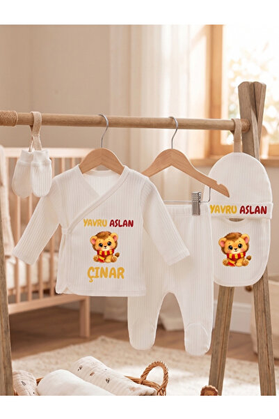 EGGBABY İsimli Yavru Aslan Sarı Kırmızı Taraftar Hastane Çıkışı Seti %100 Pamuk Kişiye Özel 5 li Yenidoğan Bebek Takımı