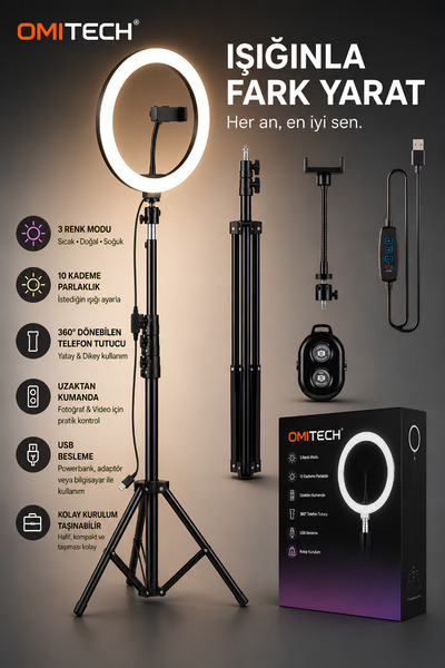 omitech LED Ring Light 210 cm Tripodlu Telefon Tutuculu USB Makyaj Canlı Yayı...